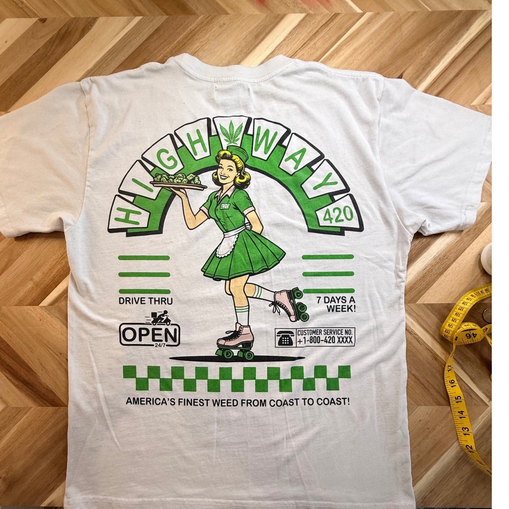 Highway 420 Graphic Cannabis Shirt White/Gray LG‎ Retro Diner Casual Streetwear